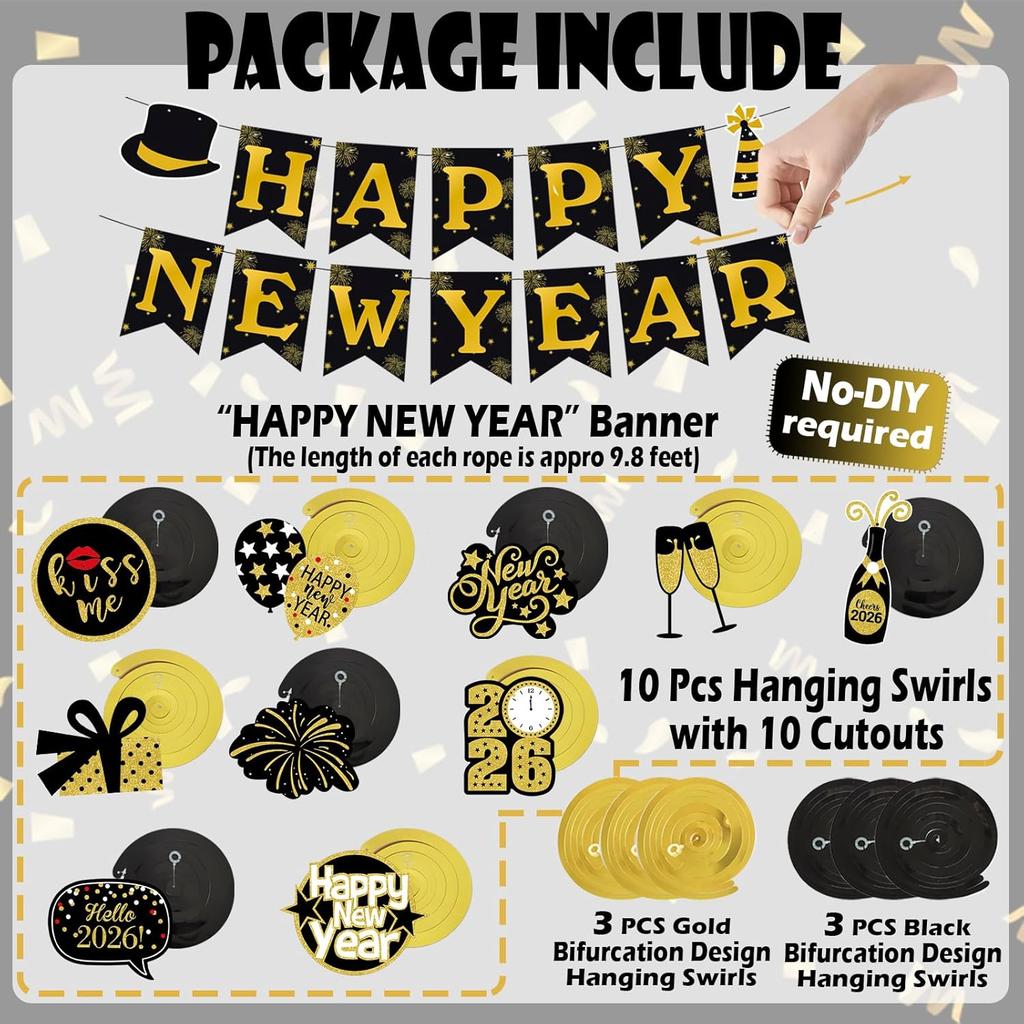 JOJO FLY New Years Eve Party Decorations Kit, Happy New Year Banner, Black and Gold Hanging Swirls for Happy New Year Decorations 2026, NYE