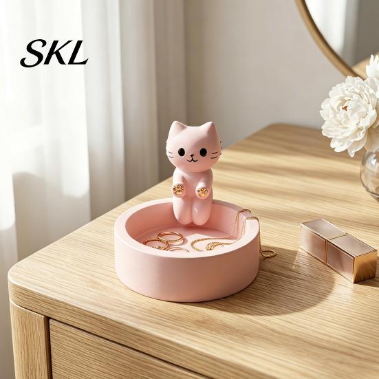 Small Jewelry Storage Box Cute Cat Tray, with Deep Plate Slot, Pink Matte Finish Holder Resin Decorative Ornament, for Dressing Table And Keys
