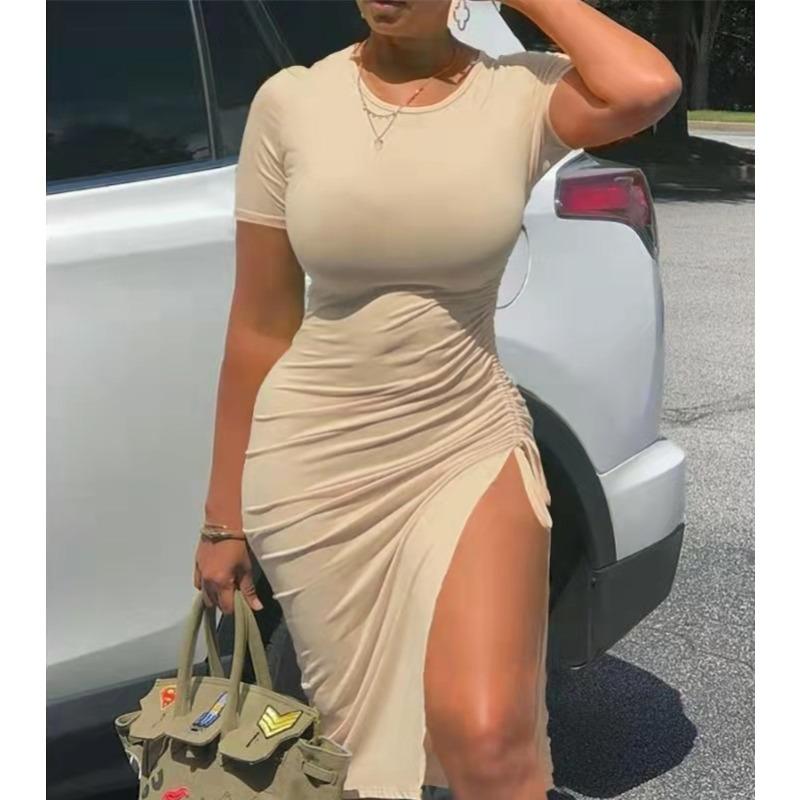 

IHUASU Fashion Summer Spring Short Sleeve O-Neck Casual Dresses S бежевый