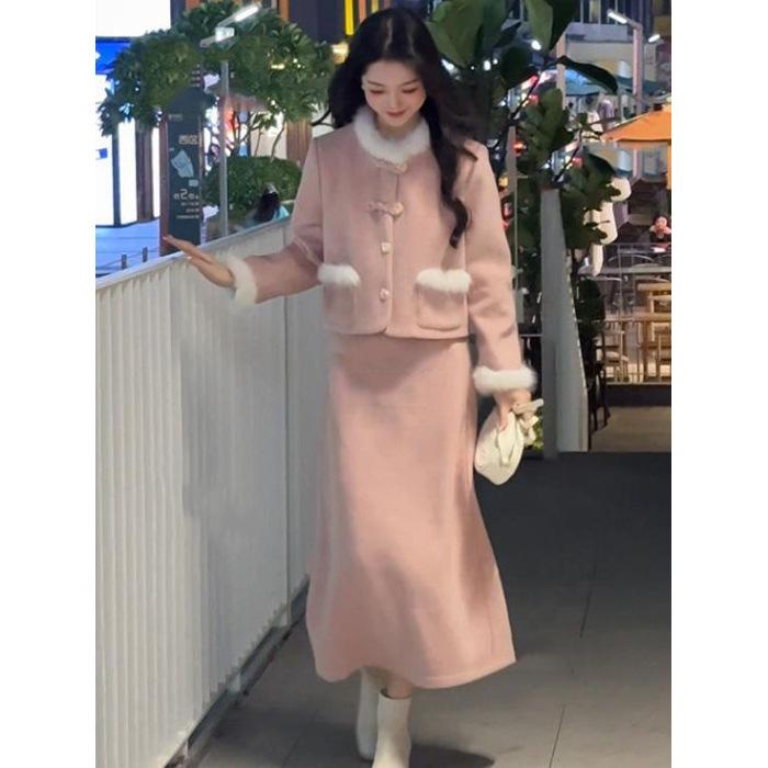 

New Fur Collar Woolen Coat & Skirt Set - Autumn/Winter Rich Girl Style M