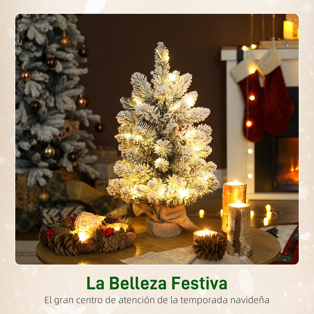 60cm Artificial Mini Christmas Tree with 35 LED Lights, 72 Dense Branches with Snow Ornaments and Green Burlap Base