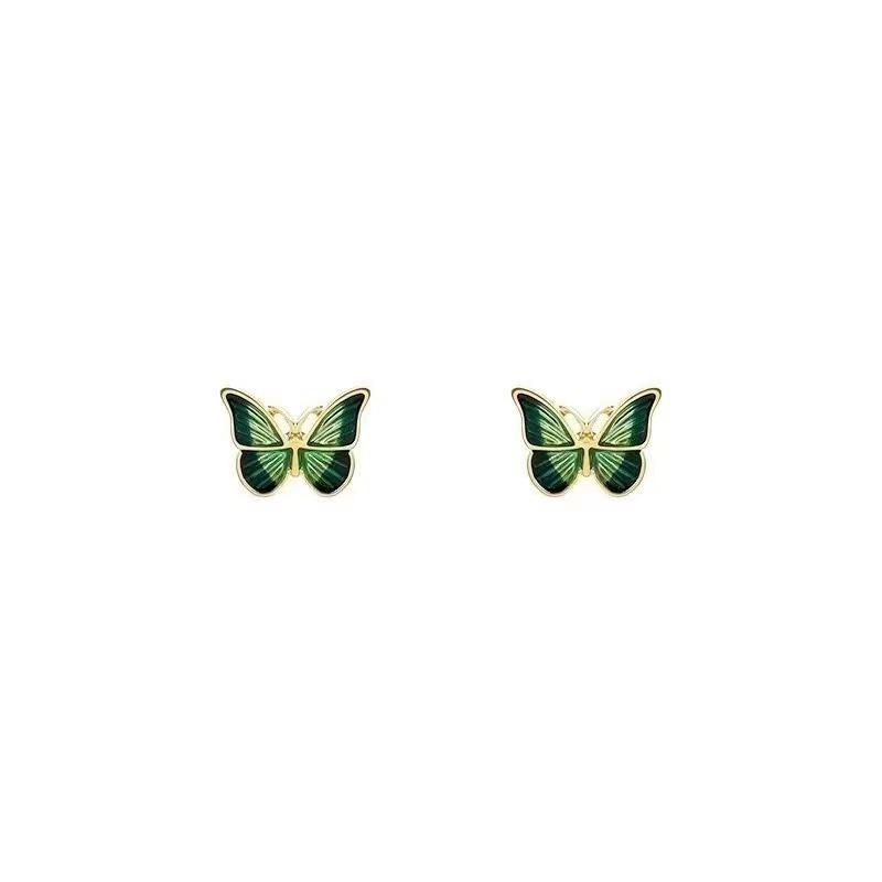 S silver needle green butterfly earrings women s personality trend Korean version stud earrings niche simple cold wind earrings