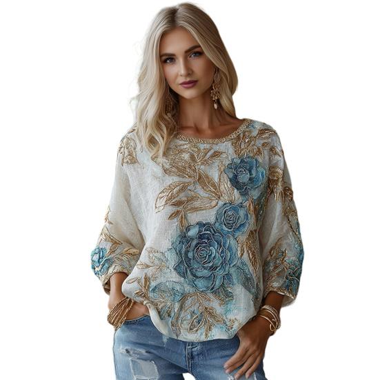 Damen Pullover Rundhals Langarm Lockerer Schnitt Pullover 3D Blumenmuster