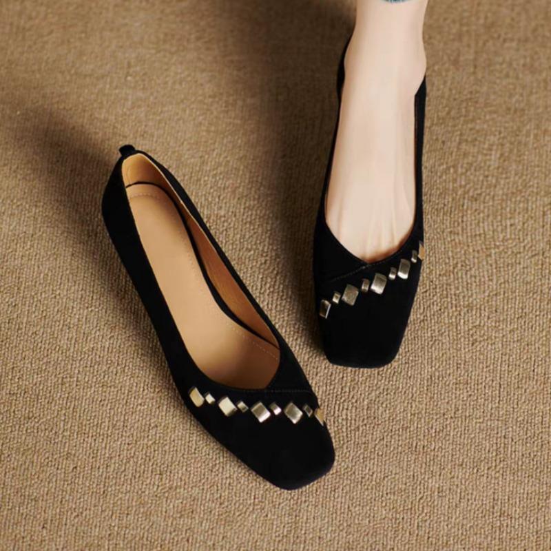 

Women s Vintage Square Toe Low Heel Shoes Fashion Shallow Suede Studded Soft Sole Non-Slip Wear-Resistant Single Shoes 40 коричневий