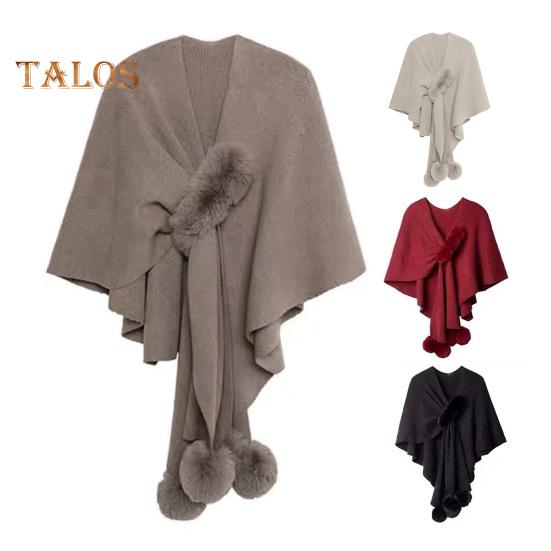 Damen-Umhang, Schal, V-Ausschnitt, einfarbig, Plüsch-Ball-Dekor, Kreuz-Design, warm, vielseitiger Strickschal, Alltagskleidung