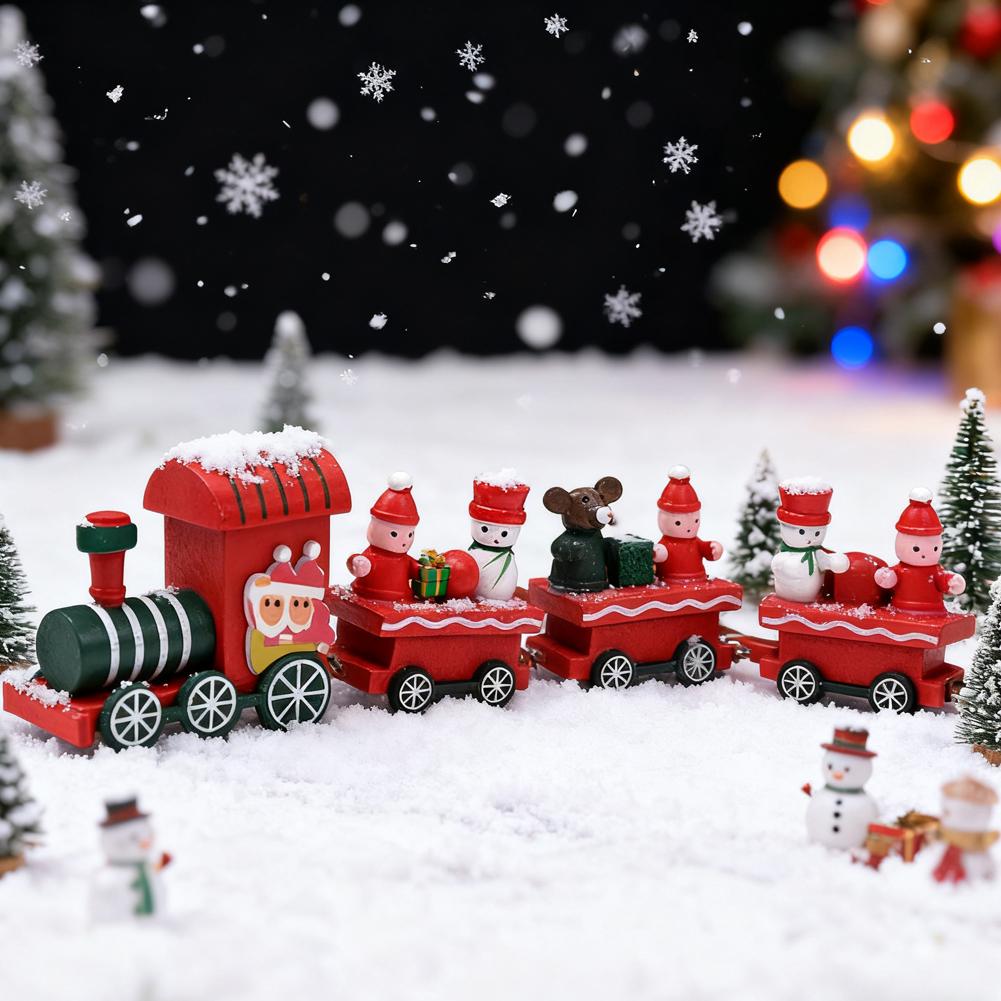 Christmas Table Decorations Mini Train Ornaments Wooden Christmas Train with Santa Snowman for New Year Holiday Party Decor Gift