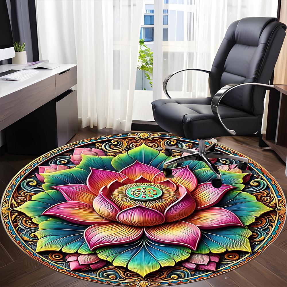 1pc Lotus Mandala Chair Carpet for Office, Round Non Slip Durable Large Size Office Carpet, Suitable for Office