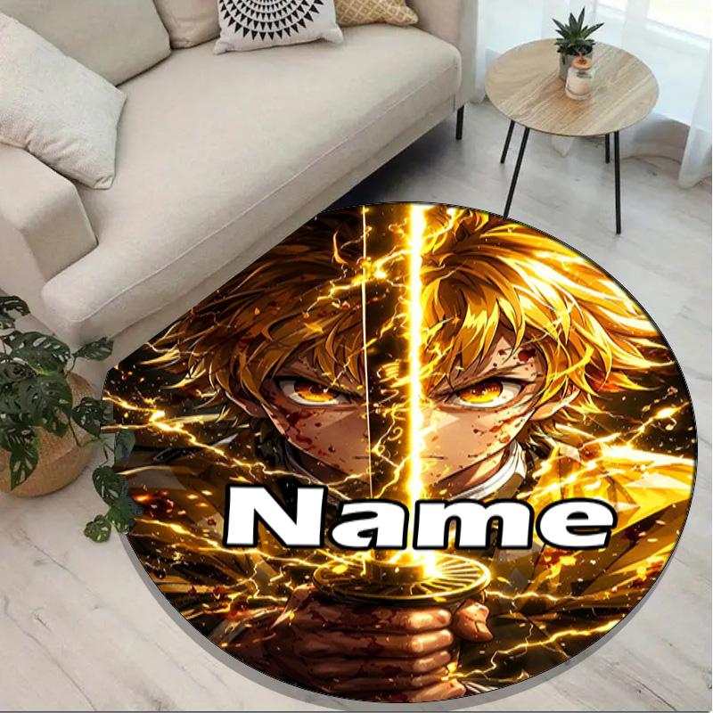 Custom Name Personalized Demon Slayer Print Round Rug, Versatile Home Decor Carpet, for Playroom, Apartment, Balcony, Entryway, Hallway Gift
