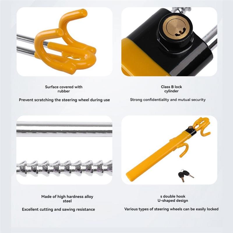 A16P-Steering Wheel Lock Anti-Theft Device Wheel Lock Retractable Double Hooks Car Lock With 2 Keys For Car Security OrangeYellow