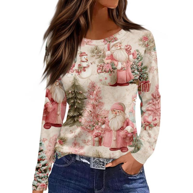 Christmas Limited Edition Women's 3D Floral Snowman Print Round Neck Long Sleeve T-shirt Fashion Casual Long Sleeve Top