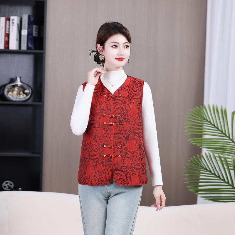 Autumn Retro Frog Button Vest: Elegant Round Neck Top for Middle-aged & Elderly Women