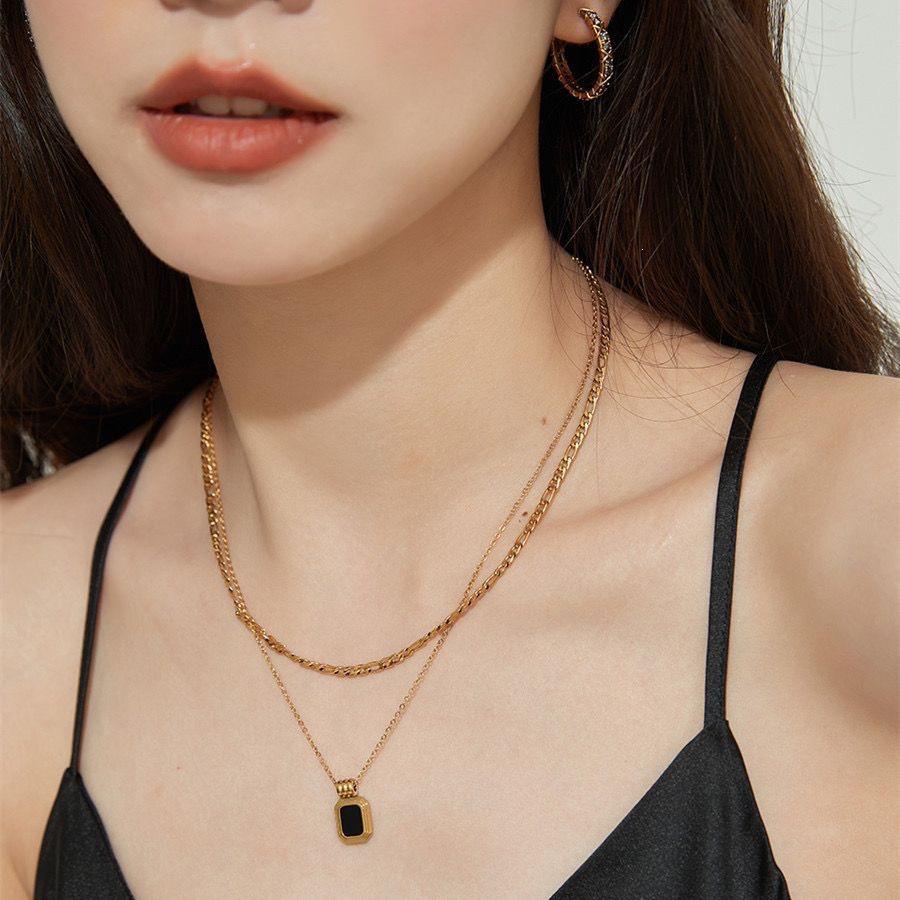Roman Black Double Layer Titanium Necklace Set for Autumn/Winter Fashion - European American Style Accessory for Sweater Knitwear Matching.