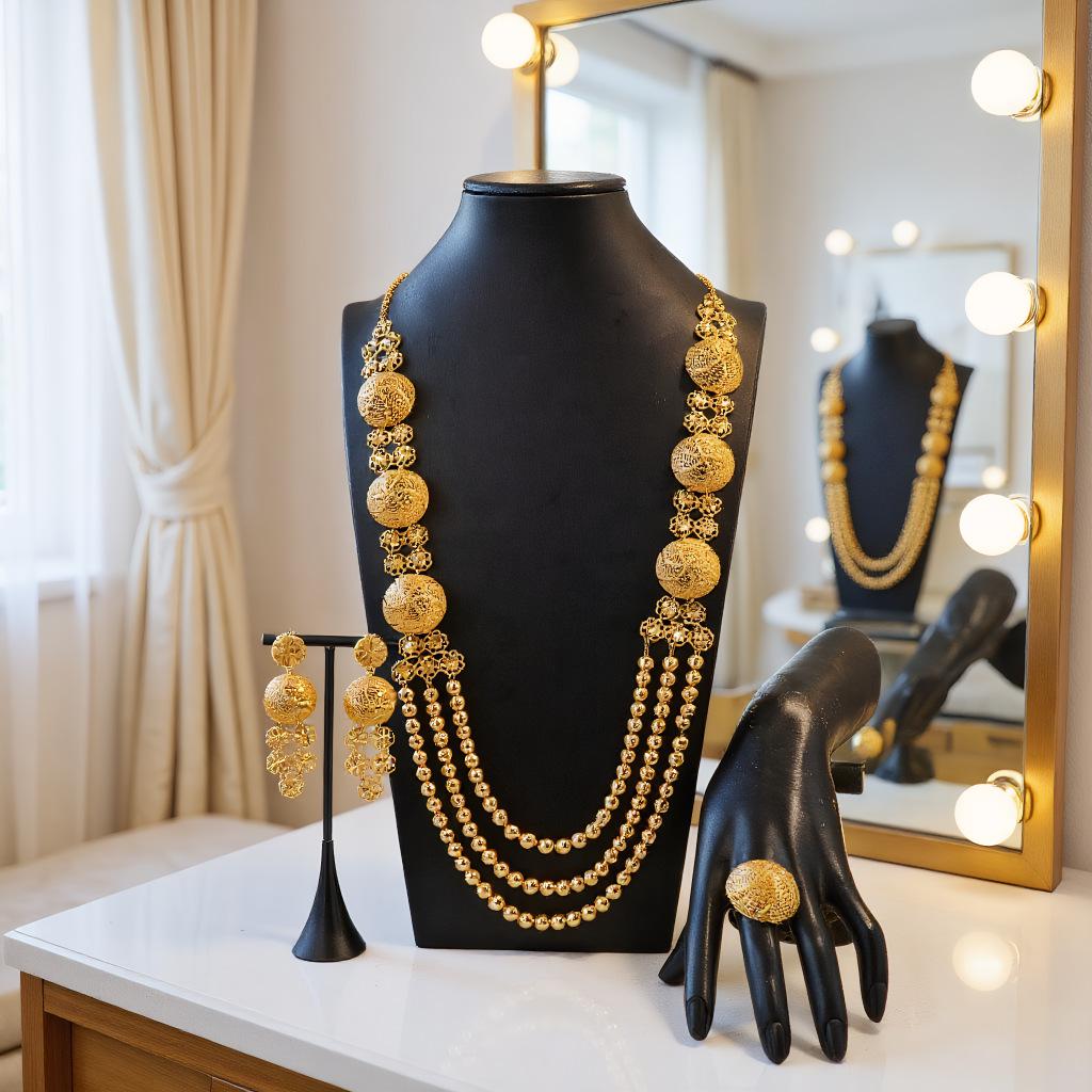 24k Gold Plated Middle Eastern Bride Jewelry Set: Necklace, Earrings & Ring