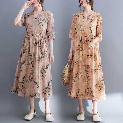 Plus Size V-Neck Long Dress Ethnic Printed Split Sleeve Loose Waist Tie Dresses