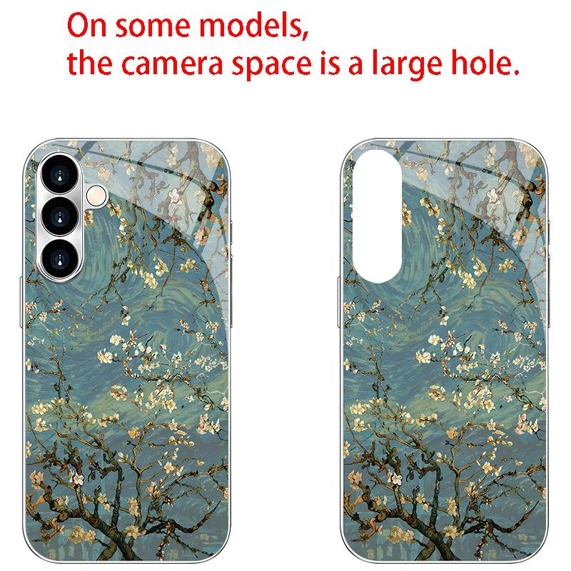 Apricot blue background pattern glass phone case suitable for Samsung Galaxy S26 S25 S24 S22 S21 S20 FE/Ultra/Plus5G anti drop