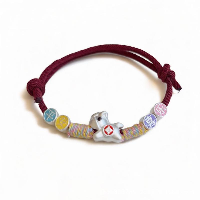 Sterling Silver S999 Year of the Horse Zodiac Bracelet with Enamel Horse Charm and Red String for Luck