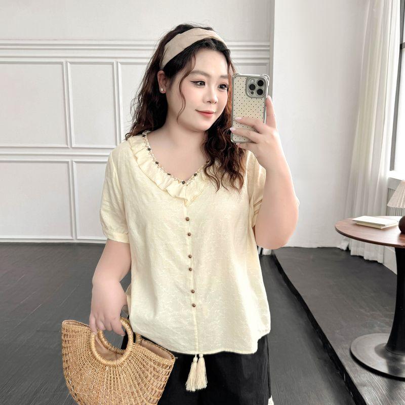 

Plus size women clothing [Unique Beautiful Shirt] Retro Elegant Lace V-neck Jacquard Short sleeve Shirts Summer Top