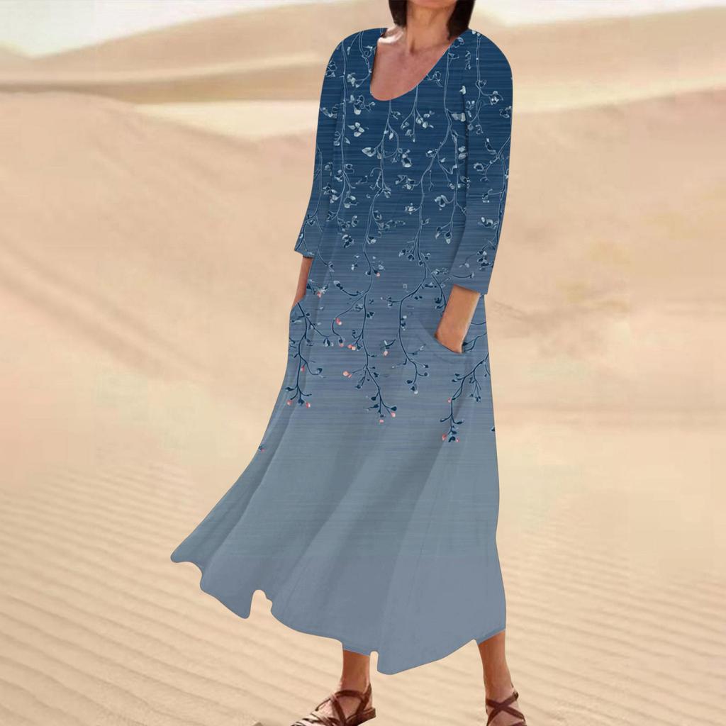 Rochie casual de damă cu imprimeu floral, mânecă trei sferturi, buzunare confortabile