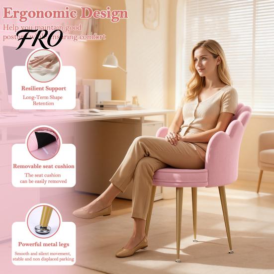 Living Room Accent Chair Velvet with Golden Metal Legs, Shell-shaped Backrest Vanity Armchair Armchair, Upholstered Guest for Home, Office