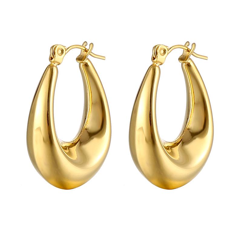 Elegant Oval Metal Hoops: European Retro Stainless Steel Earrings for Women