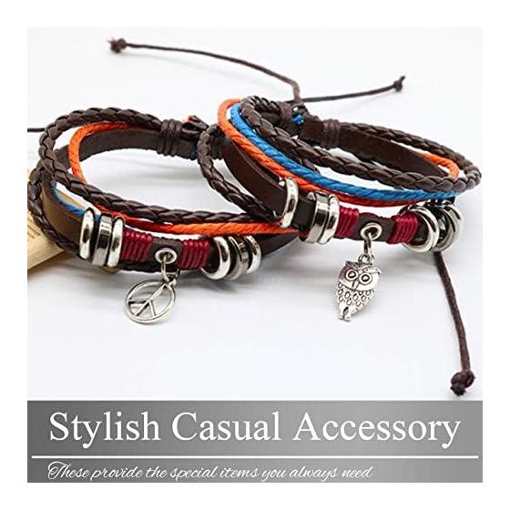BUZZxSELECTION Men's Bracelet Leather Coin Piece Feather Braided Jewelry Synthetic Leather AC055