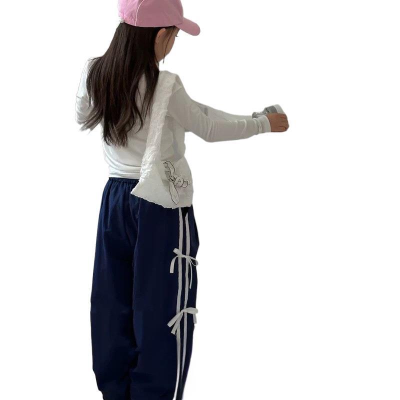 Mädchen Frühlingshosen Kinder Fliege Sweatpants Herbst Süße Hosen Gestreifte Lässige Unterteile Kinder Lockere Unterwäsche