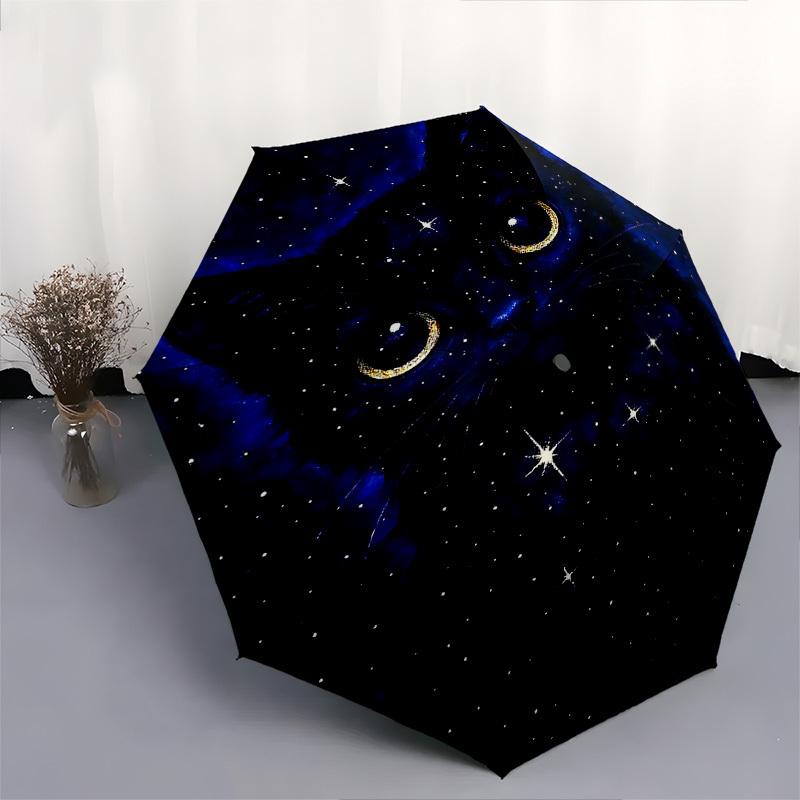 1 pièce Parapluie Pliant Automatique Chat Nuit Étoilée: Conception portable à 3 plis avec cadre en fer, parfaite pour une utilisation en extérieur, cadeaux festifs, voyageurs, usage quotidien,