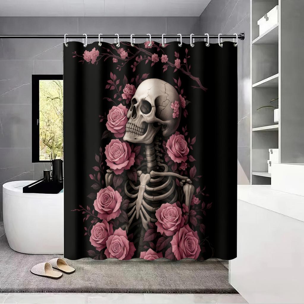 1Pc Halloween Skeleton Flower Print Waterproof Shower Curtain Privacy Hanging Curtain 12 Hook Multiple Sizes Machine Washable