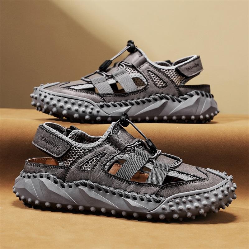 Men Outdoor Hiking Sandals Handmade Summer Roman Sandals Retro Wide Close Toe Grey Beach Shoes Over Sized