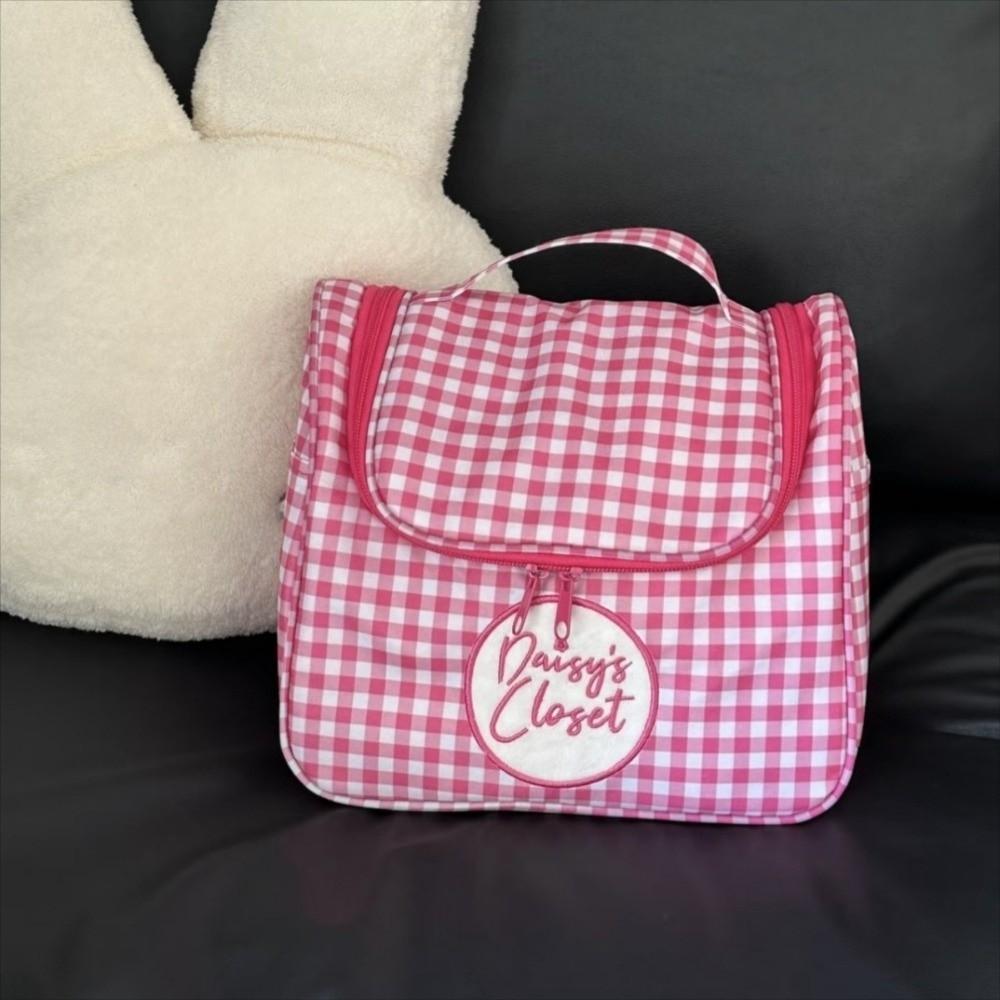 

New Pink Plaid Makeup Bag Carry-On with Compartments Cosmetic Organizer Wide Opening Large Capacity Travel Hanging Toiletry Bag