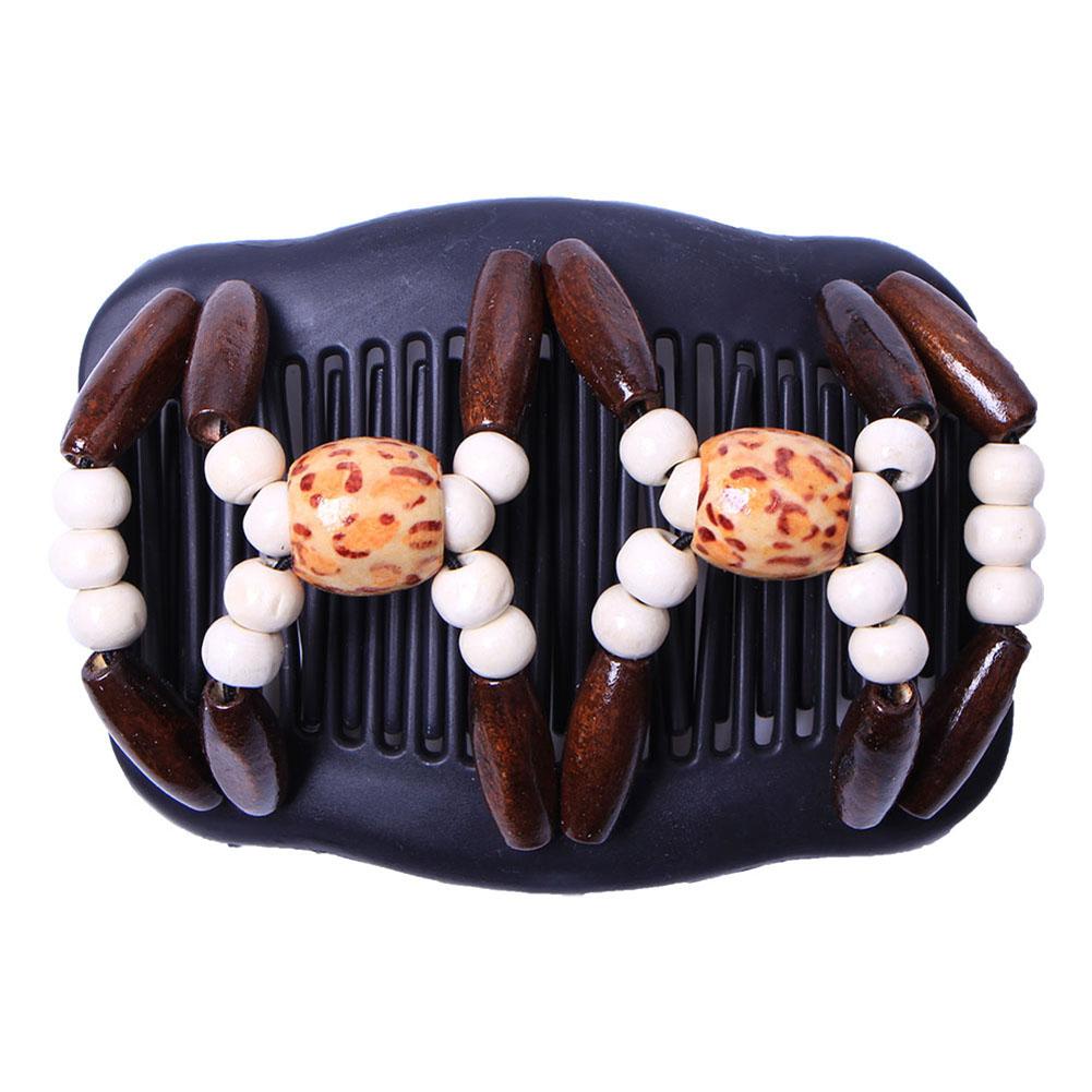 Women Simulation Wood Double Stretchy Hair Beaded Comb Clip