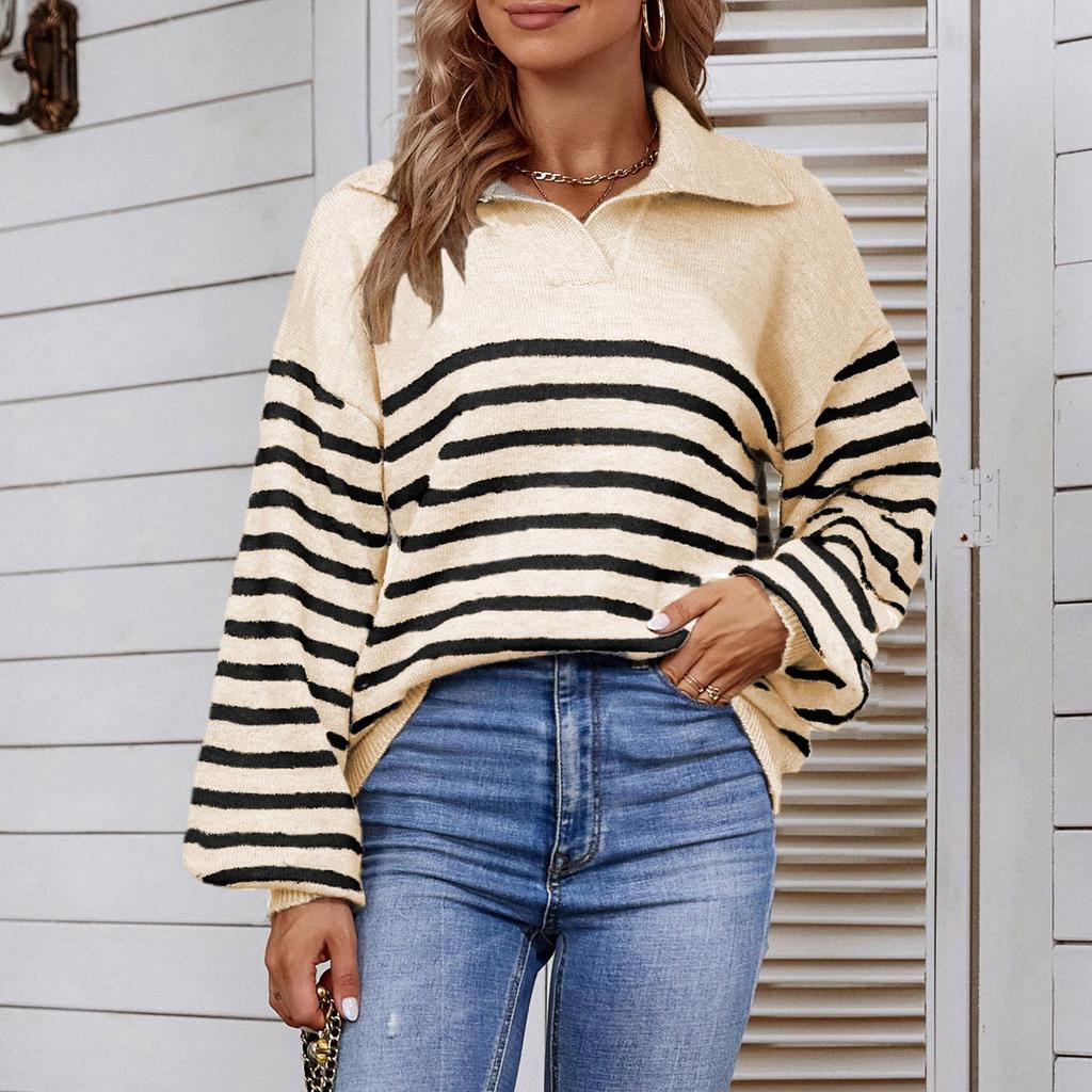 Women's Casual Fashion 2022 Long Sleeved Knitting Contrast Color Sweater Top