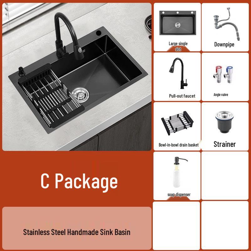Stainless Steel Black Nano Large Single Bowl Kitchen Sink for Vegetables, Dishwashing, and Handwashing, Thickened Handmade Design