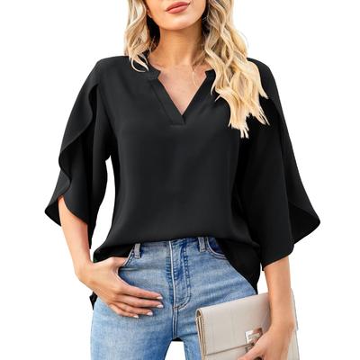 Summer New Fashion Women's Petal Sleeve Tops Loose V-Neck Chiffon Shirt