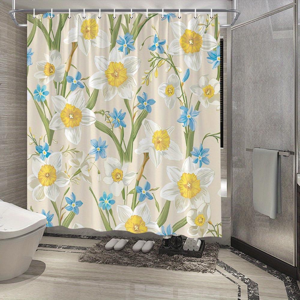 

1pc Daffodil & Forget-Me-Not Shower Curtain - Realistic Botanical Design, Polyester, Waterproof, 70x70 , 12 Hooks W90XH180cm