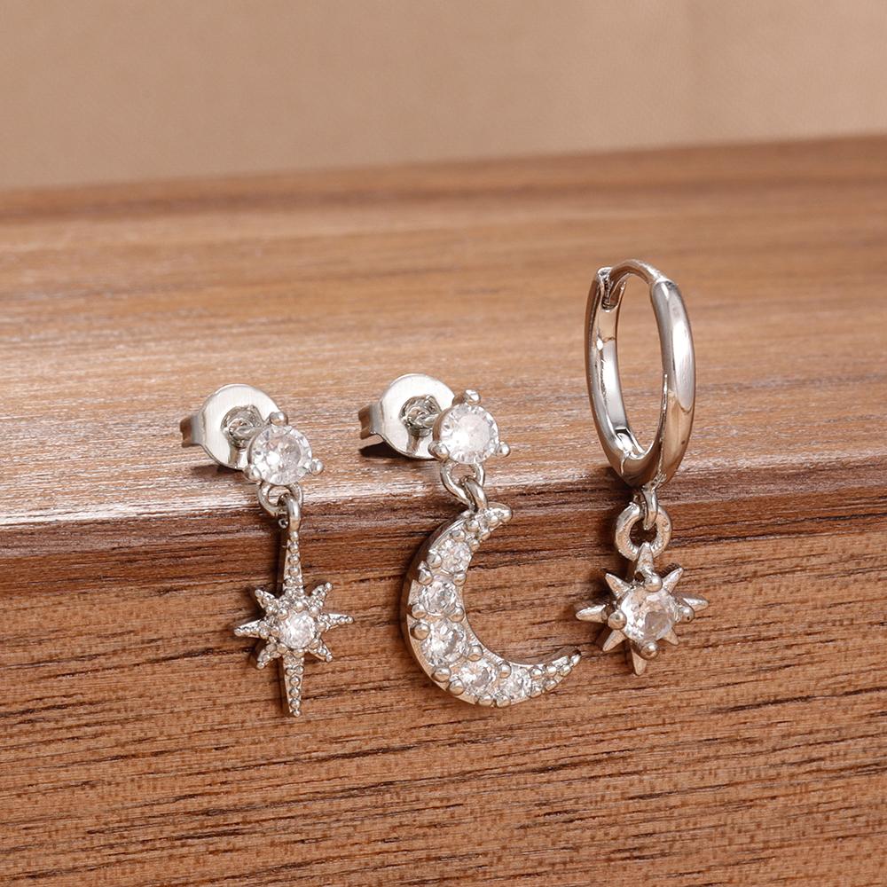 3PCS New Design Stainless Steel CZ Zircon Star Moon Stud Earring Set For Women Punk Unisex Rock Earring Statement Jewelry aretes