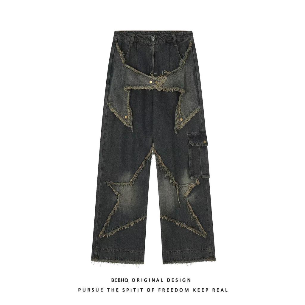 Men's Retro Wide-Leg Jeans with Pentagram Design, Distressed Wash, Big Pockets, and Raw Edges.