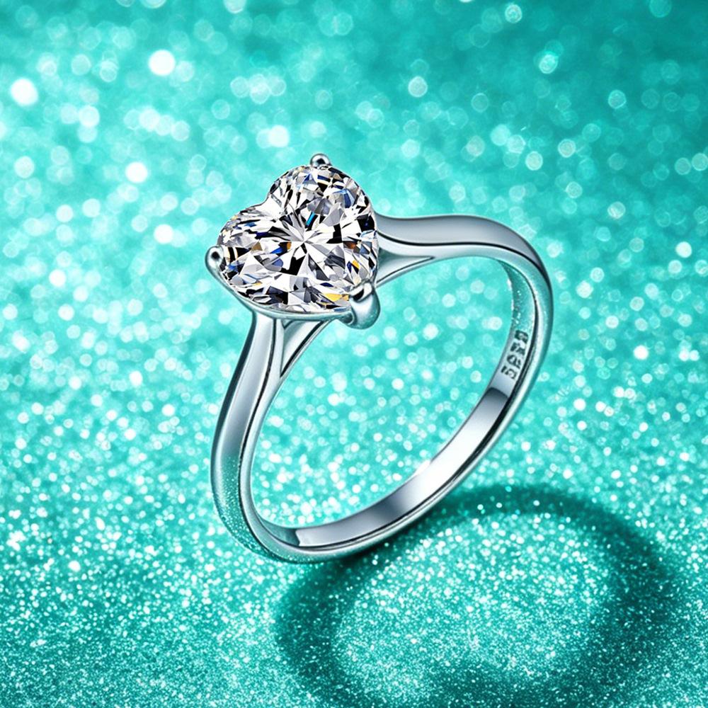 925 Sterling Silver Heart-Cut 2 Carat Moissanite Ring for Women, Rhodium-Plated, Elegant Proposal Wedding Band