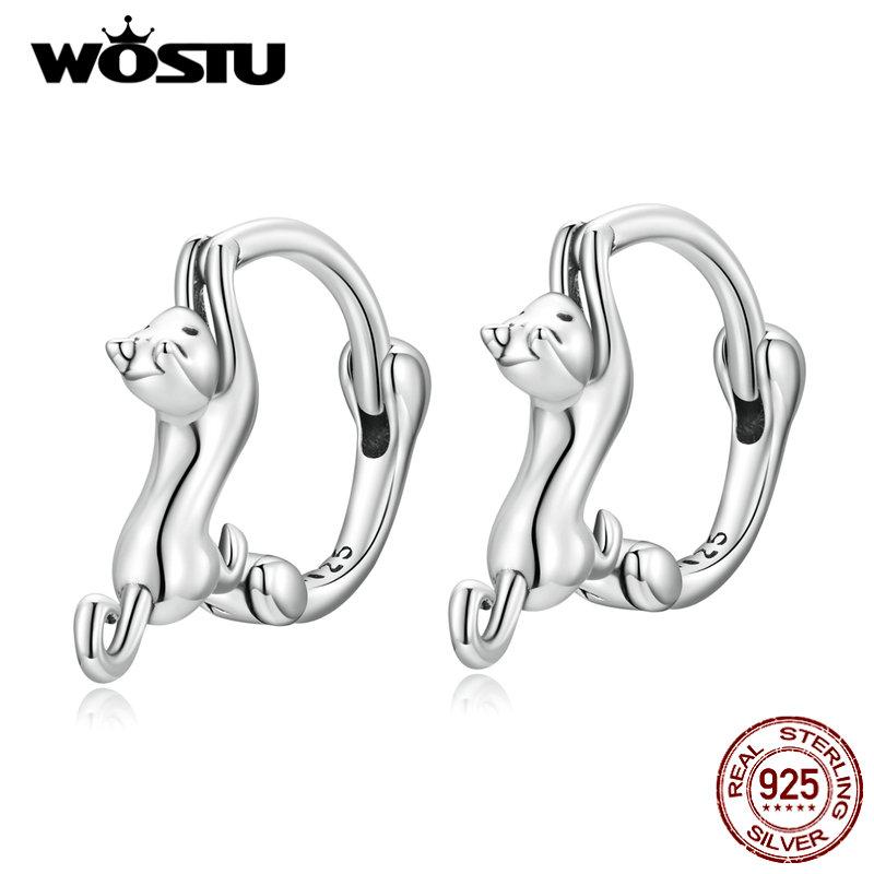 WOSTU Authentic 925 Sterling Silver Delicate Cute Cat Earrings for Women Jewelry Gift