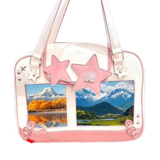 Kawaii Ita Bag Shoulder Bag with Clear Windows Anime Pin Display Bag Doll Badge Display Tote Cute Star Handbag Holds 20cm Doll for Cosplay Anime Fairs