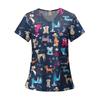Women's Fashion Printed Short Sleeve V Neck Pattern Tops Pocket Working T-shirts