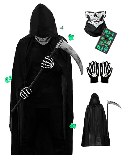 GOKEI Косплей Жнец 4-предметный набор (Плащ, Маска, Серп и Перчатки) на Хэллоуин. Включает маску скелета, костюм ужасов, костюм Жнеца, Sic