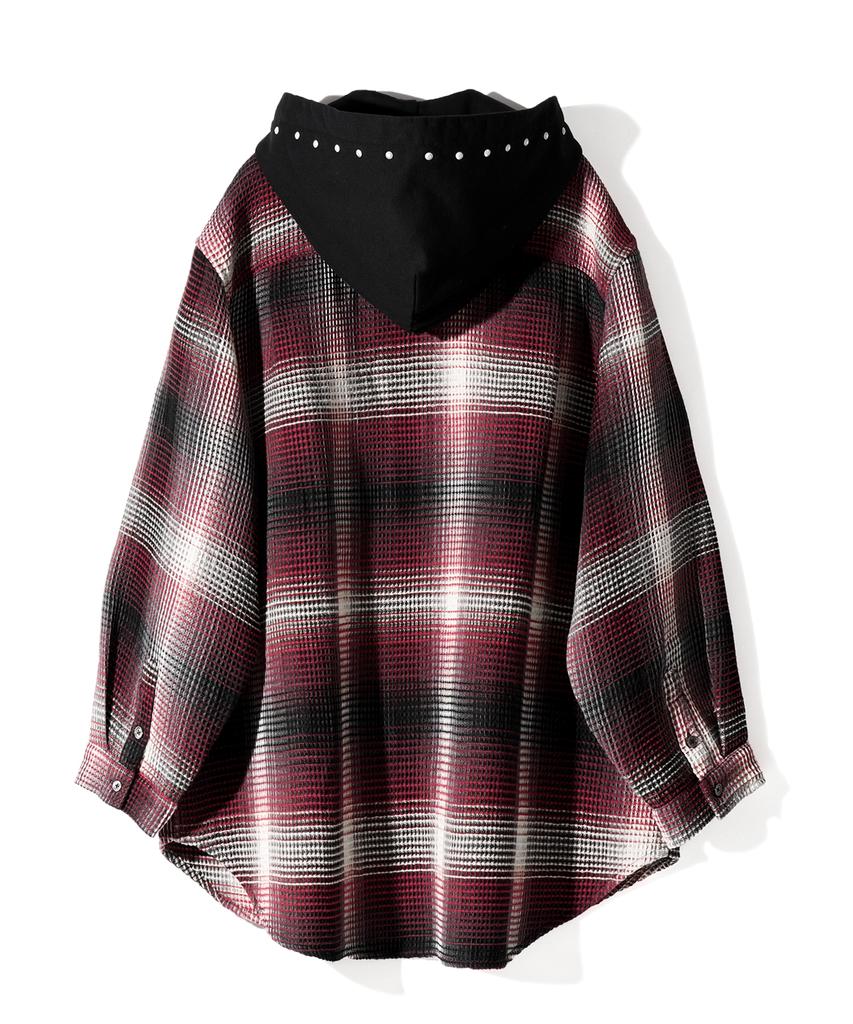 Kodeu Zipper Pocket Hooded Studded Shirt_Rd