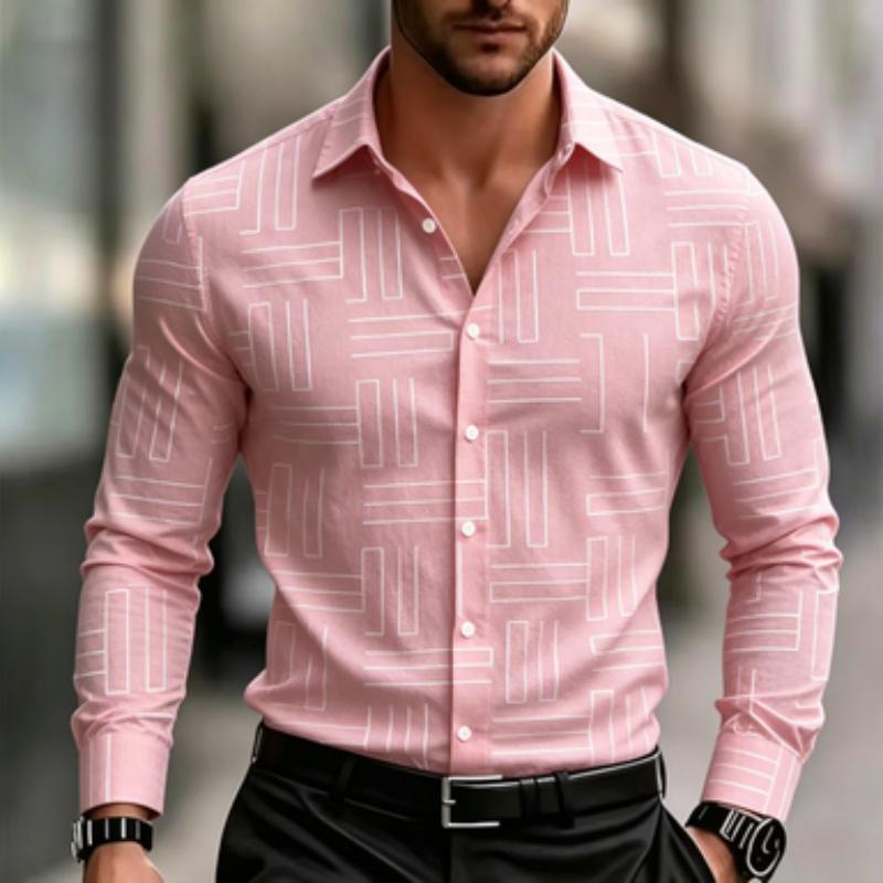 Men's Casual Geometric Lines with Digital Printing, Men's Long Sleeved Shirt, Fitted Version, Lapel Shirt, Trendy and Creative
