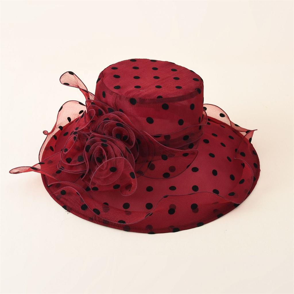Dames Elegante Stippen Brede Rand Strand Zon Hoed Jurk Kerk Bruiloft Thee Feest Organza Hoeden