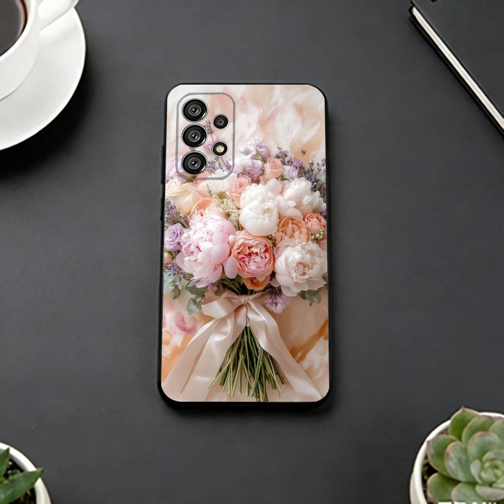 Elegant Peony F-Flower Phone Case Black Silicone Soft For Samsung S25,S24,S21,S22,S23,S30,Ultra,S20,Plus,Fe,Lite