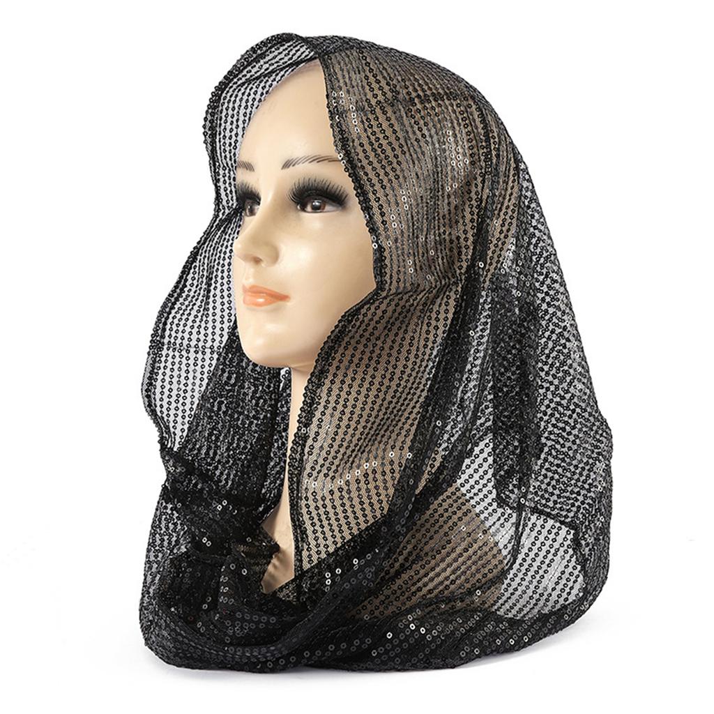 Women Glitter Sequin Hijab Scarf, Soft Mesh Sparkly Head Wrap, Solid Color Lightweight Muslim Headscarf, Fashion Shiny Turban Shawl