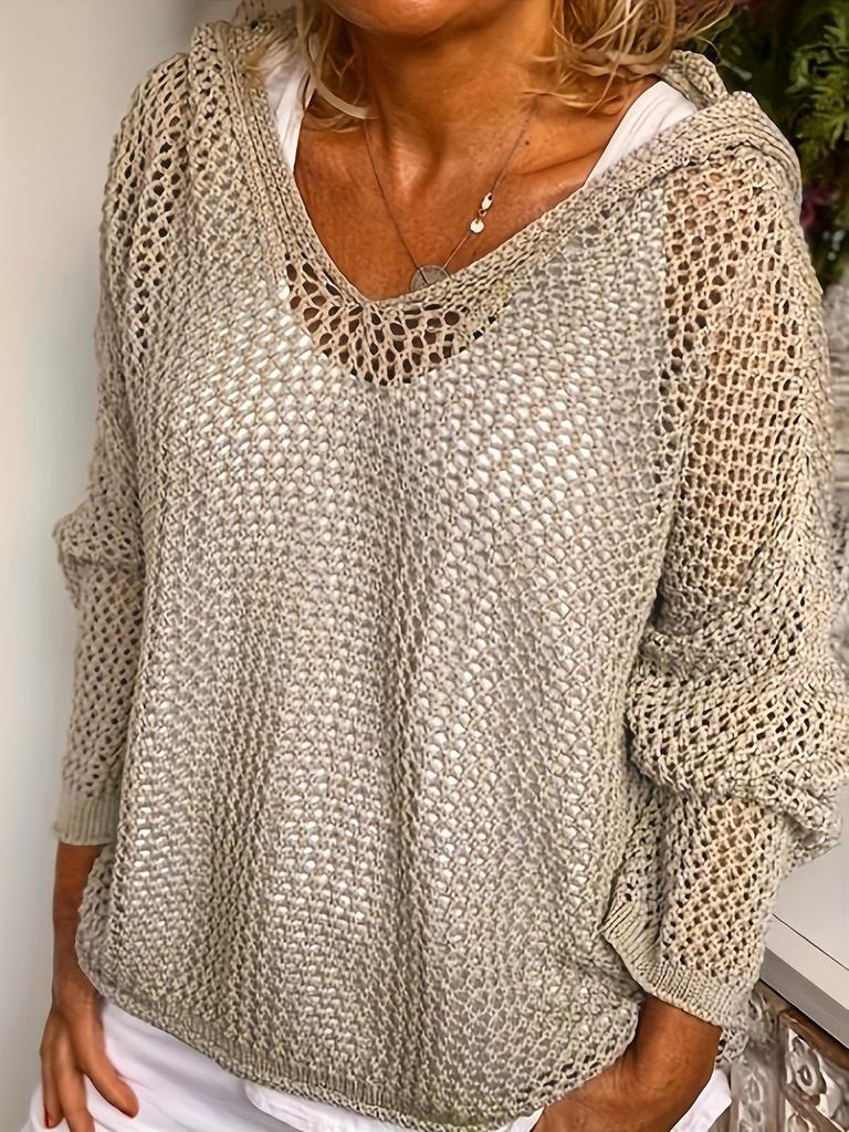 Women's Light Gray Hooded Knitted Sweater with Hollow Weave V Neck, Multiple Colors