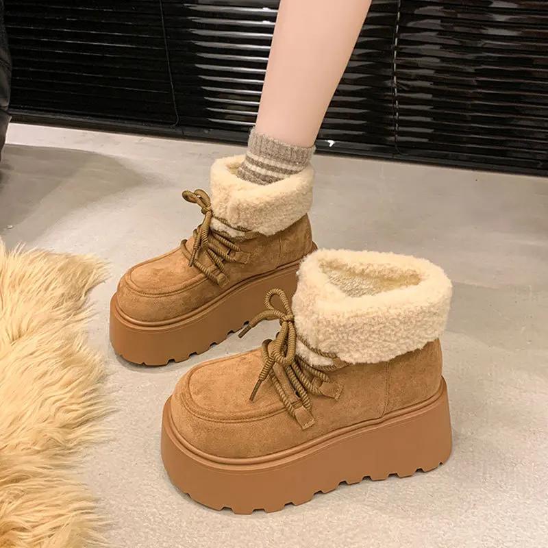 Fashion Winter Women's Boots Retro Suede Casual Ankle Boots Plush Warm Boots Non Slip Platform Snow Booties Women High-Top Cotton Shoes