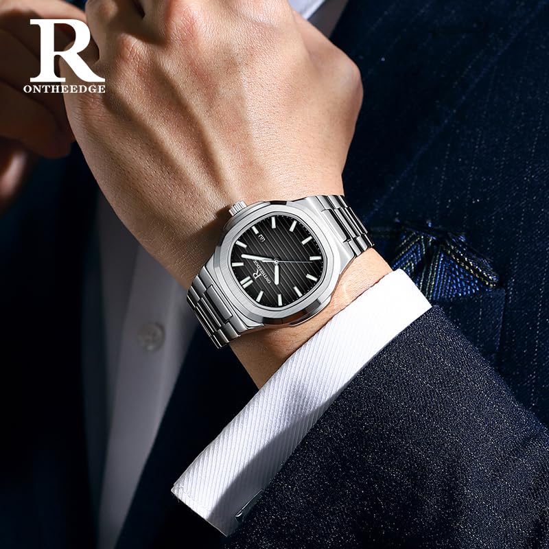 R ONTHEEDGE Men's Quartz Watch, Nautilus Style, 3 ATM Waterproof, Date Display, Luminous, Stainless Steel, Business Formal Sports Watch, Black